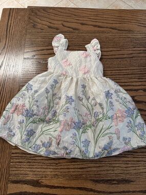 Rare Editions White Floral Embroidered Dress with Pink & Blue Accents